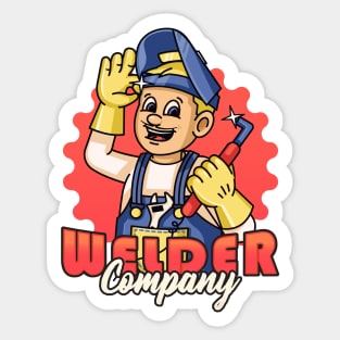 Welder Company, a male cartoon retro mascot using workshop welding equipment Sticker